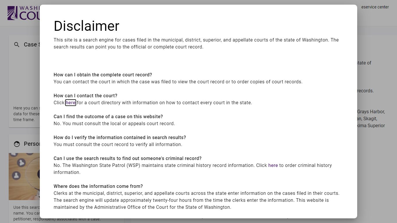 Washington Courts - Search Case Records - About This Site
